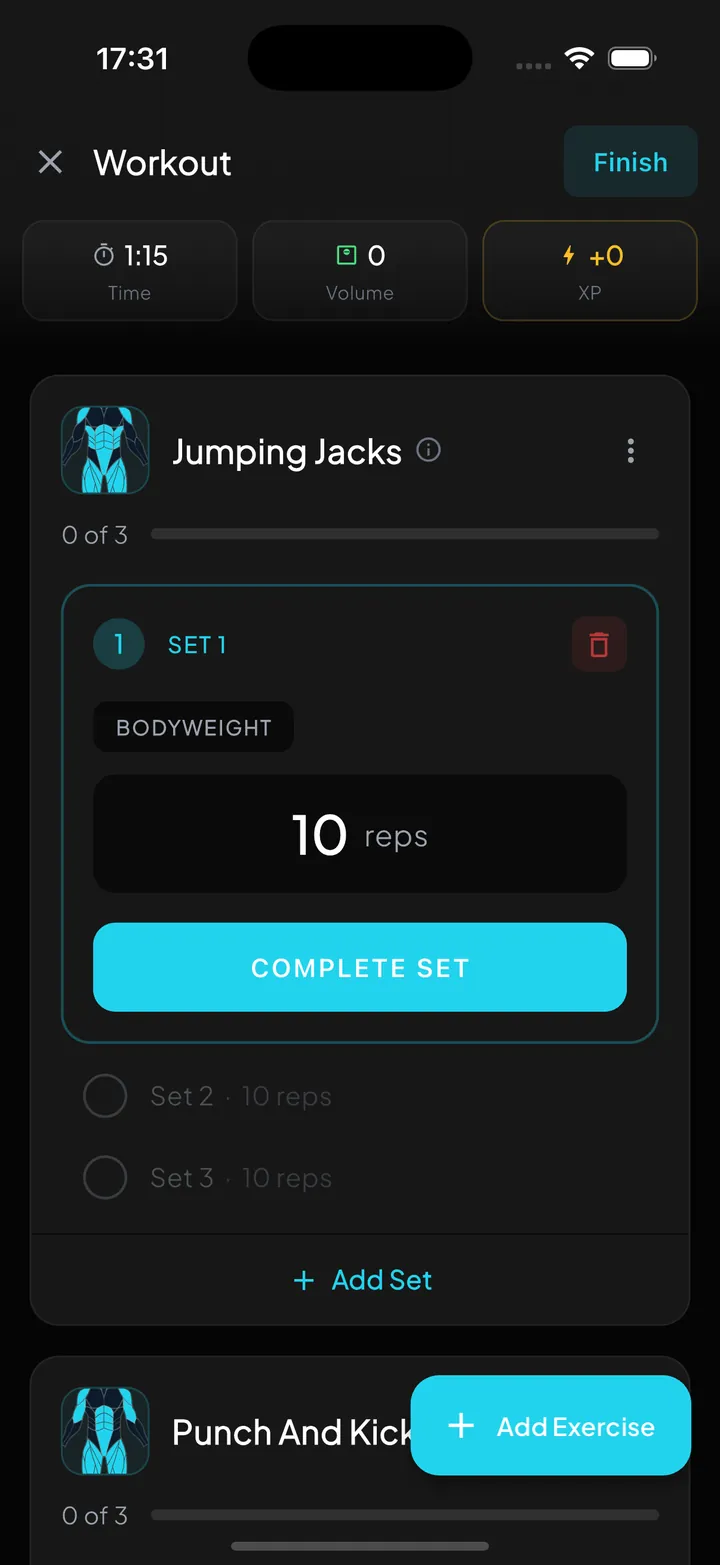 GymLevels active workout screen with set completion controls.